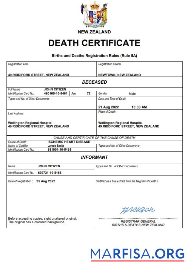 Printable New Zealand death certificate Word and PDF template